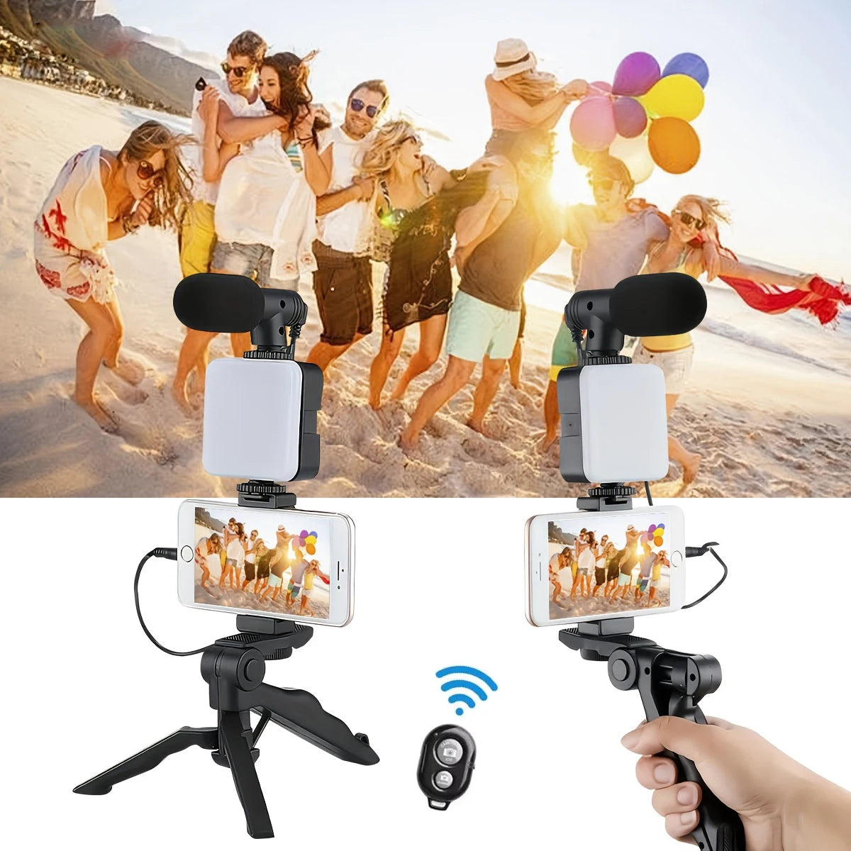 Smartphone Vlogging Kit Tripod Phone Holder Mini Microphone LED Fill Light Stabilizer Stand for YouTube Live Stream Short Video
