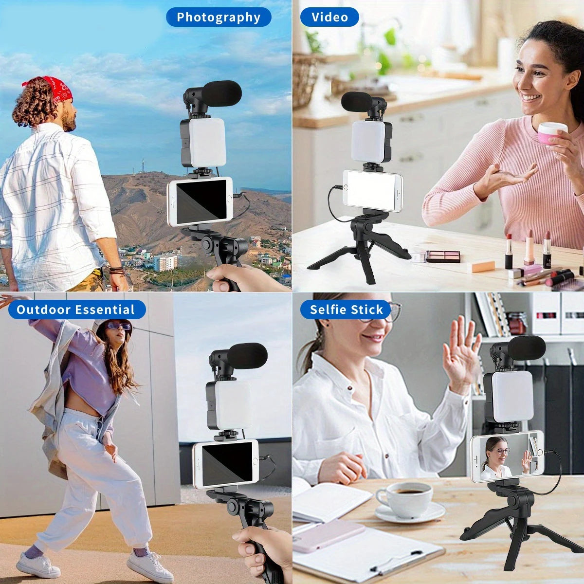 Smartphone Vlogging Kit Tripod Phone Holder Mini Microphone LED Fill Light Stabilizer Stand for YouTube Live Stream Short Video