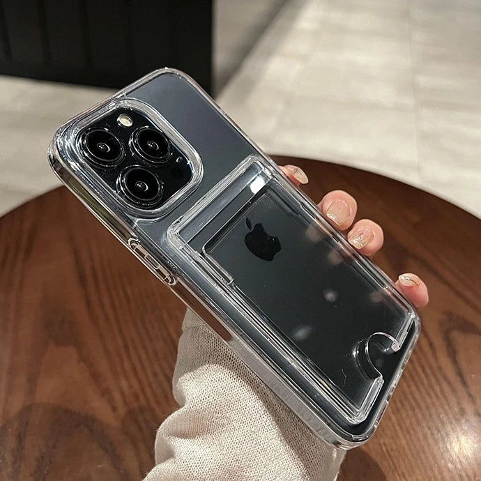 Fashion Card Holder Transparent Case for iPhone 16 15 17 Pro Max Air 14 Plus 11 12 13 16e Xs Wallet Soft Shockproof Clear Cover