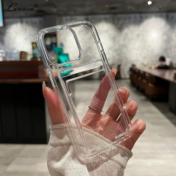 Fashion Card Holder Transparent Case for iPhone 16 15 17 Pro Max Air 14 Plus 11 12 13 16e Xs Wallet Soft Shockproof Clear Cover