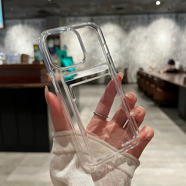 Fashion Card Holder Transparent Case for iPhone 16 15 17 Pro Max Air 14 Plus 11 12 13 16e Xs Wallet Soft Shockproof Clear Cover