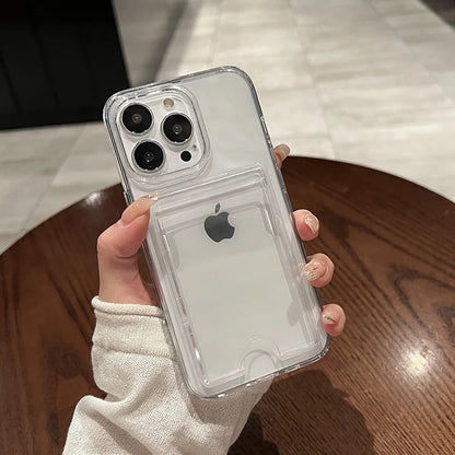 Fashion Card Holder Transparent Case for iPhone 16 15 17 Pro Max Air 14 Plus 11 12 13 16e Xs Wallet Soft Shockproof Clear Cover