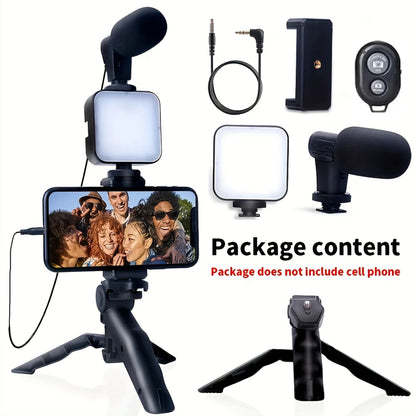 Smartphone Vlogging Kit Tripod Phone Holder Mini Microphone LED Fill Light Stabilizer Stand for YouTube Live Stream Short Video