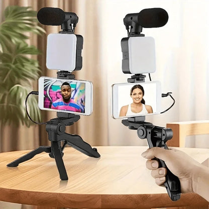 Smartphone Vlogging Kit Tripod Phone Holder Mini Microphone LED Fill Light Stabilizer Stand for YouTube Live Stream Short Video