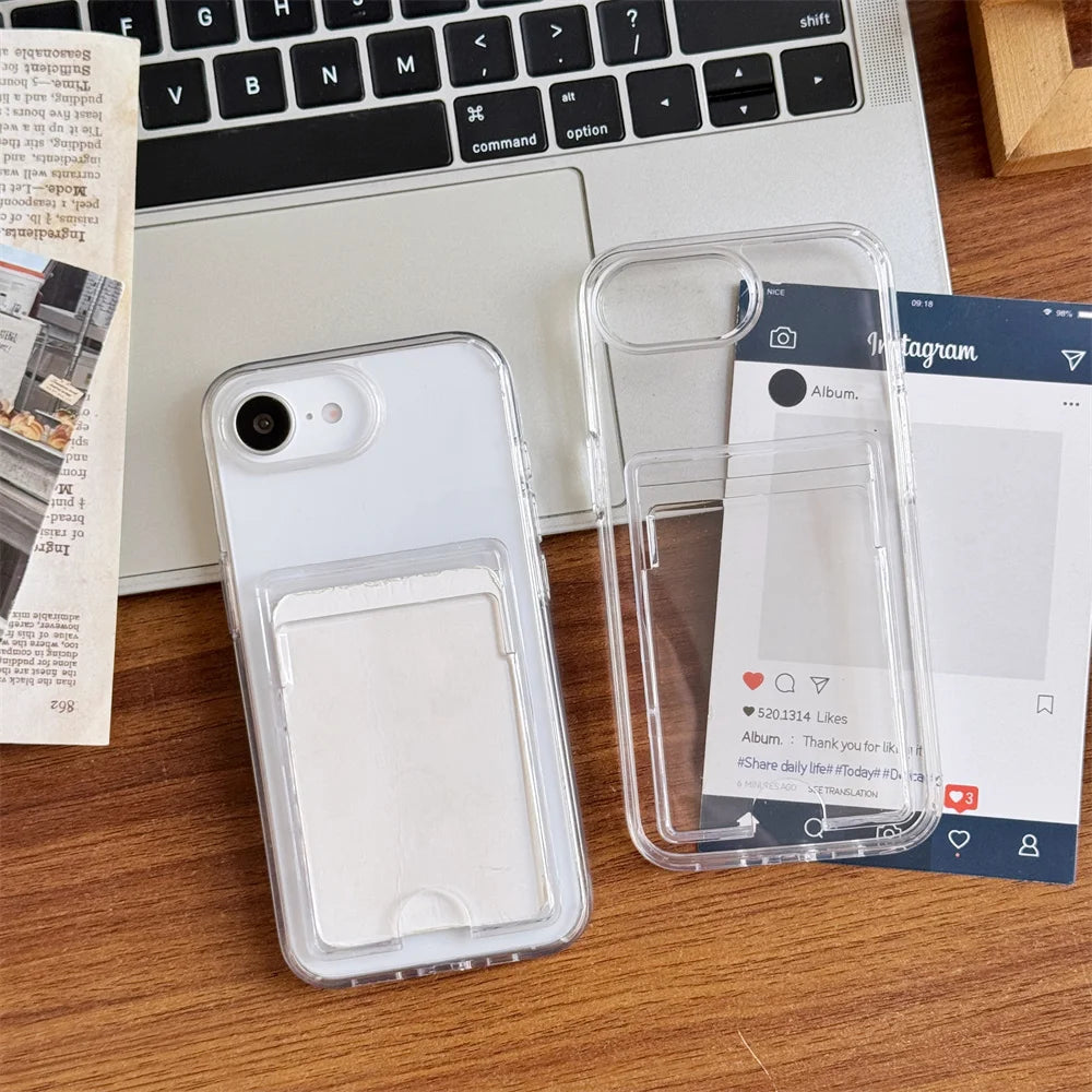 Fashion Card Holder Transparent Case for iPhone 16 15 17 Pro Max Air 14 Plus 11 12 13 16e Xs Wallet Soft Shockproof Clear Cover