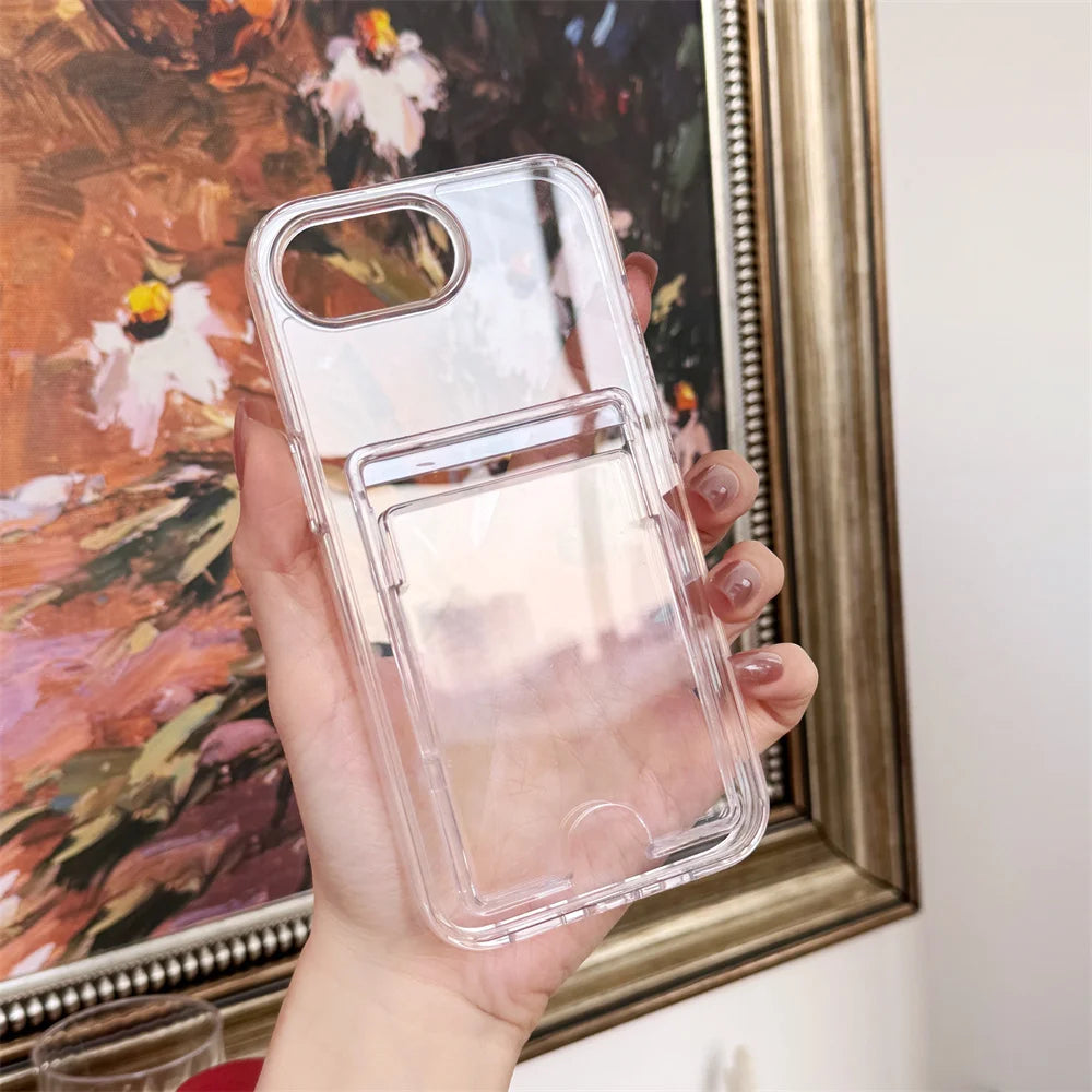 Fashion Card Holder Transparent Case for iPhone 16 15 17 Pro Max Air 14 Plus 11 12 13 16e Xs Wallet Soft Shockproof Clear Cover